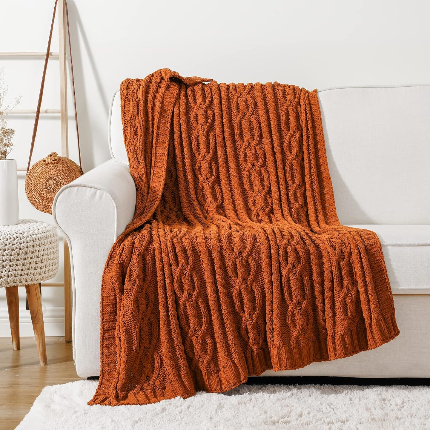 51x67 Rust Chenille Cable Knit Throw Blanket Soft Warm Boho Decor for Couch Bed