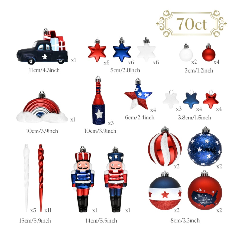 USA Flag Inspired Patriotic Ornament Set, 70pc Red White Blue Baubles