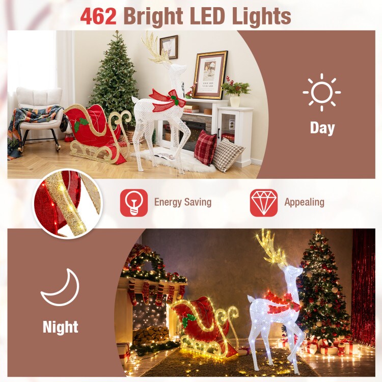 White Red Green Outdoor LED Christmas Reindeer and Sleigh Yard Decoration with 462 Lights