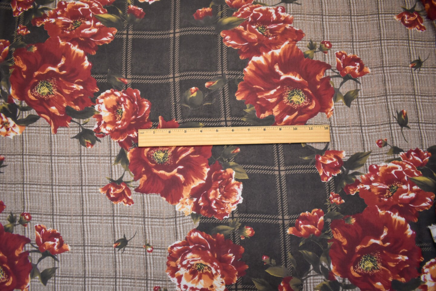 Beige-Red-Multi Poly Plaid Floral Printed Chiffon Woven Fabric By the Yard