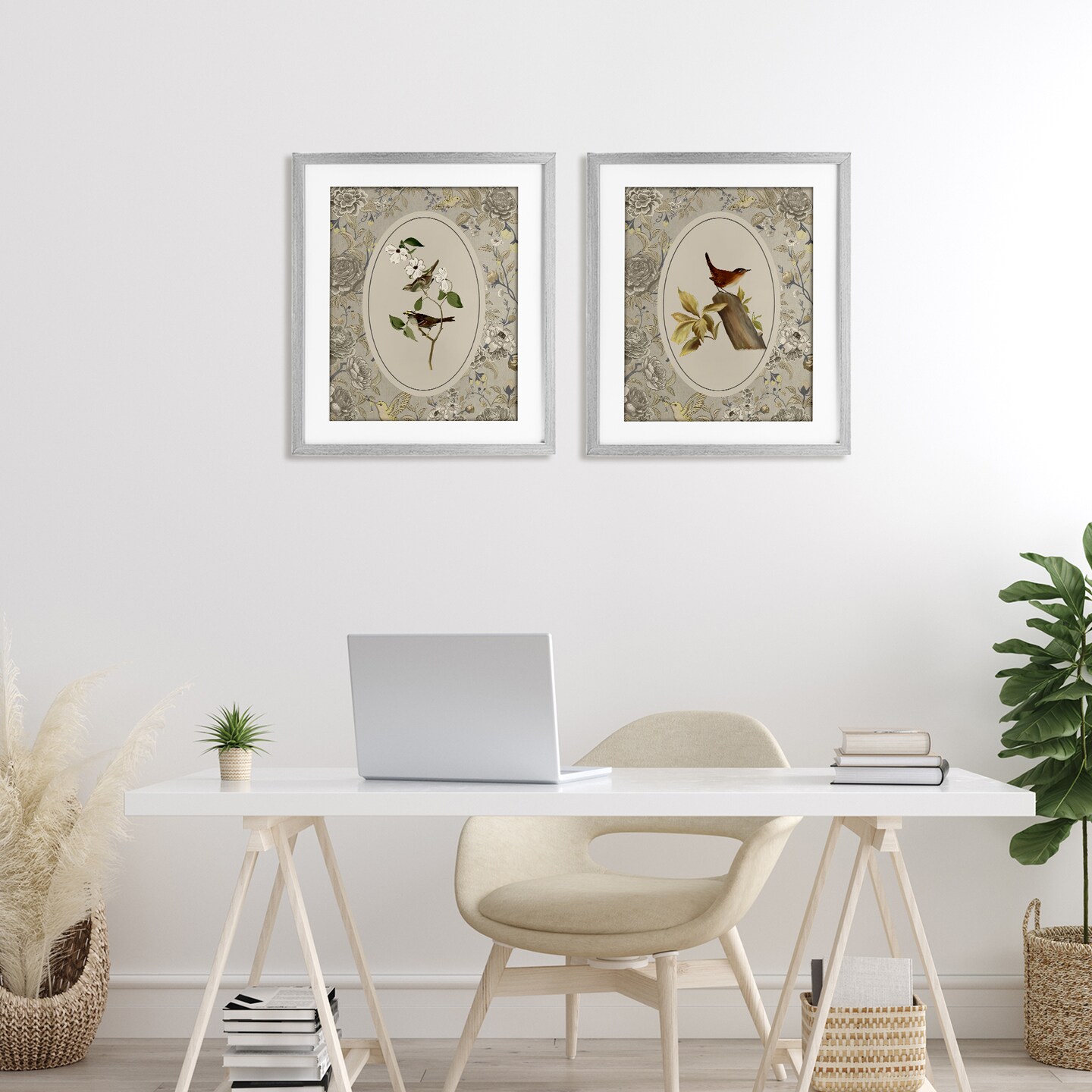 Stupell Industries Vintage Birds & Toile 2pc Framed Print Under Glass Set, design by Radhika Modi