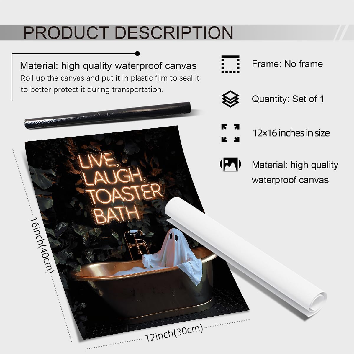 Halloween Wall Art Cute Ghost In Bathtub - 16L" x 12W" (Ghost Unframed)