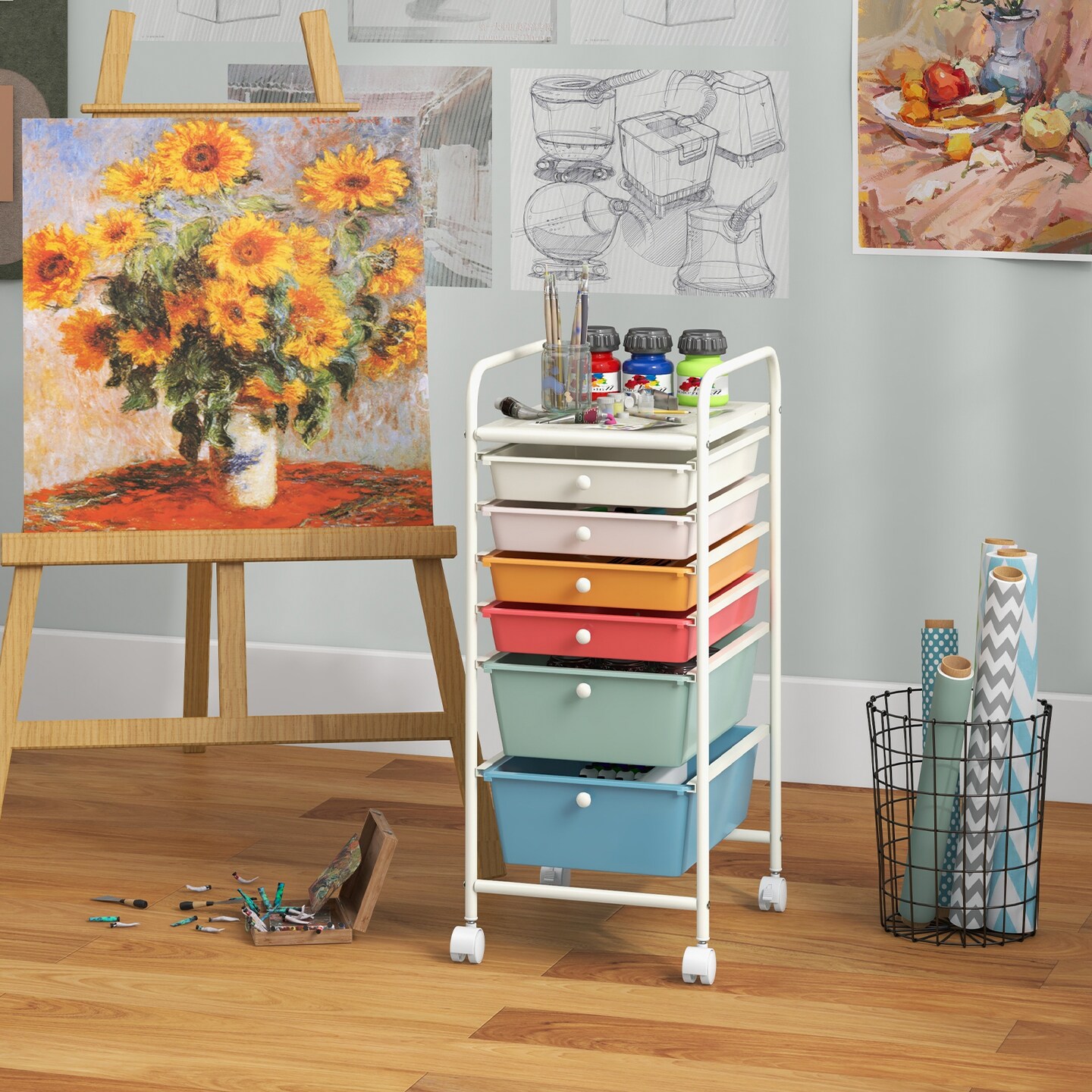 6 Drawer Storage Cart with Wheels PP Plastic Organizer Unit Steel Frame Rolling Utility Trolley for Home Office Bathroom Kitchen Organization Multi Purpose