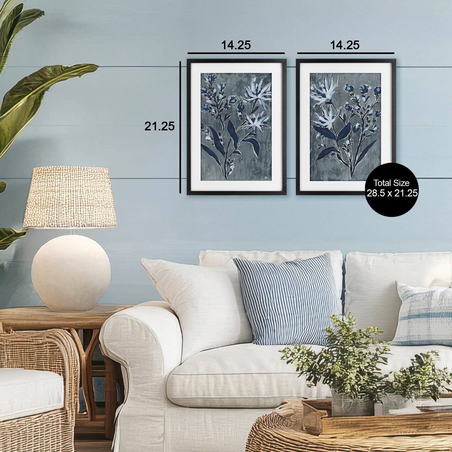 Stupell Industries Navy Flower Sprigs 2pc Framed Print Under Glass Set, design by June Erica Vess