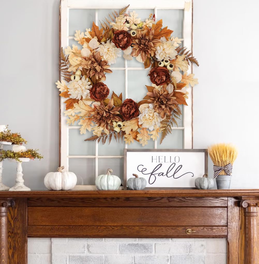 24 Inch Fall Brown Wreaths with Artificial Dahlia