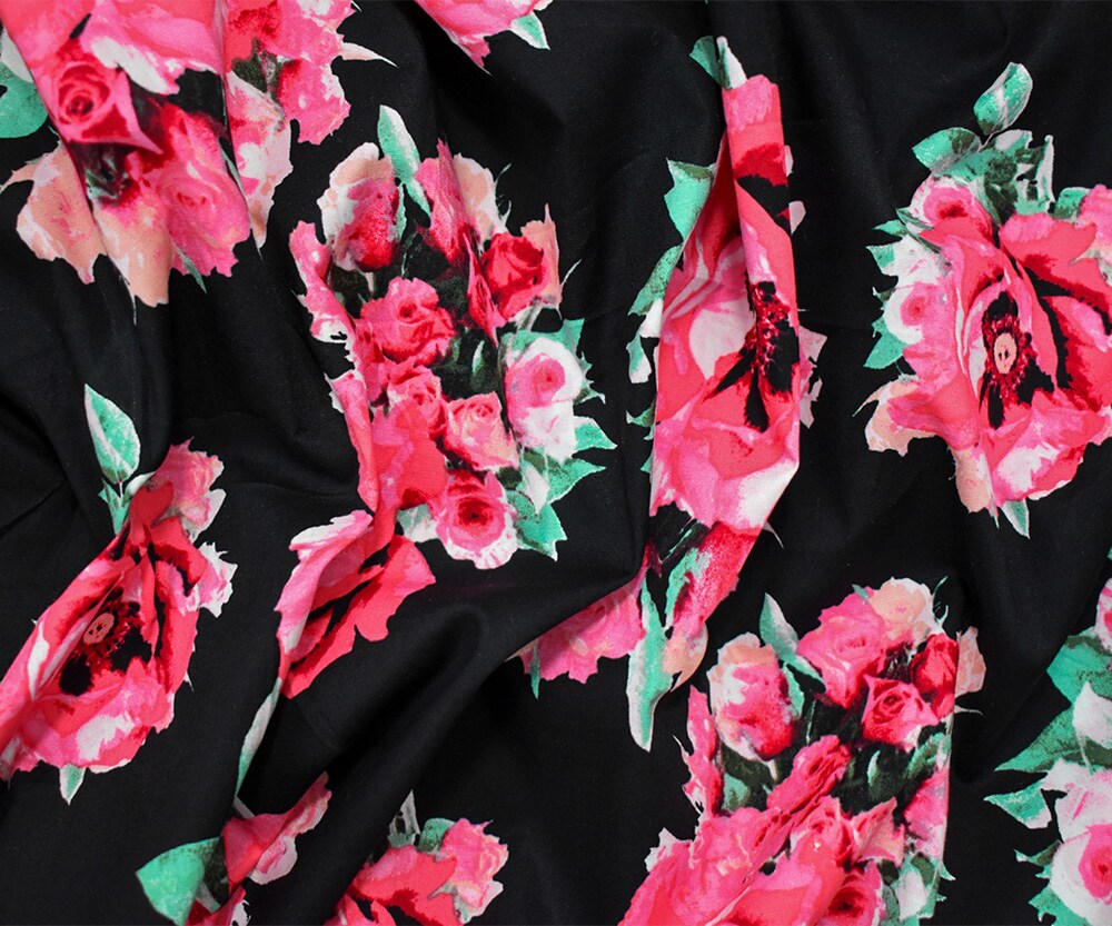 Black-Green-Pink Cotton Floral Print Stretch Spandex Poplin Woven Fabric By the Yard
