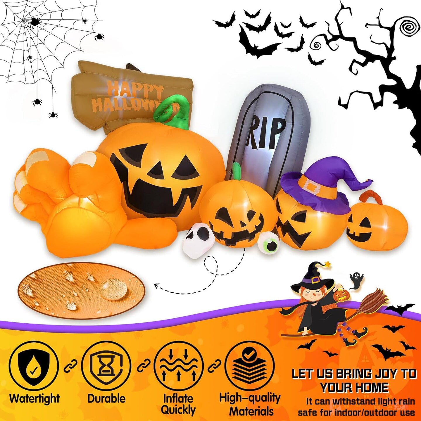 Long Inflatable Blow Ups Yard Decoration Pumpkin with Build-in LEDs(Main Orange)