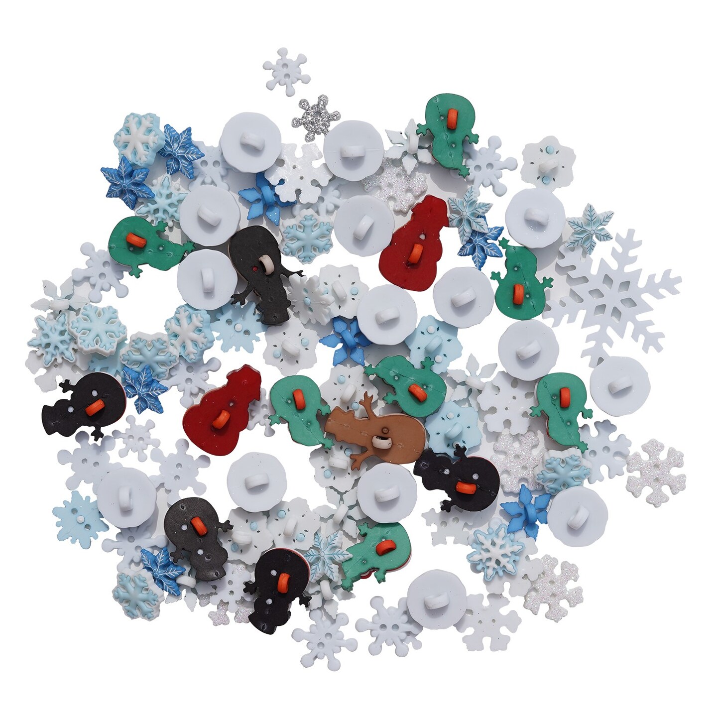 Winter Crafting Buttons Set, 100-Pack Snowman, Snowball and Snowflake Designs, White and Blue Holiday Decorative Buttons for Sewing and DIY Projects