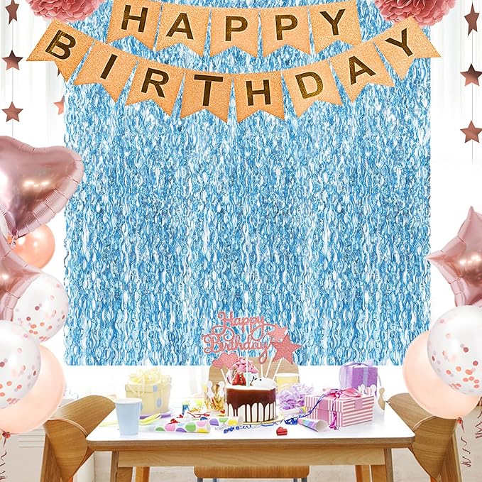 Light Blue Wave Party Backdrop Decoration -Foil Fringe Curtain Blue Party Streamers for Under The Sea/Ocean/Frozen/Pool/Beach Theme Party Decorations -2 Packs