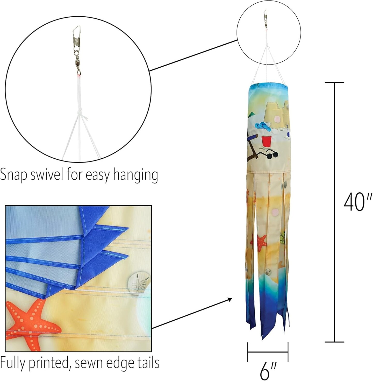 In the Breeze 5246 — Beach Day 40-inch Illusion Windsock — Vibrant, Fully Printed Windsock with Embroidered Details