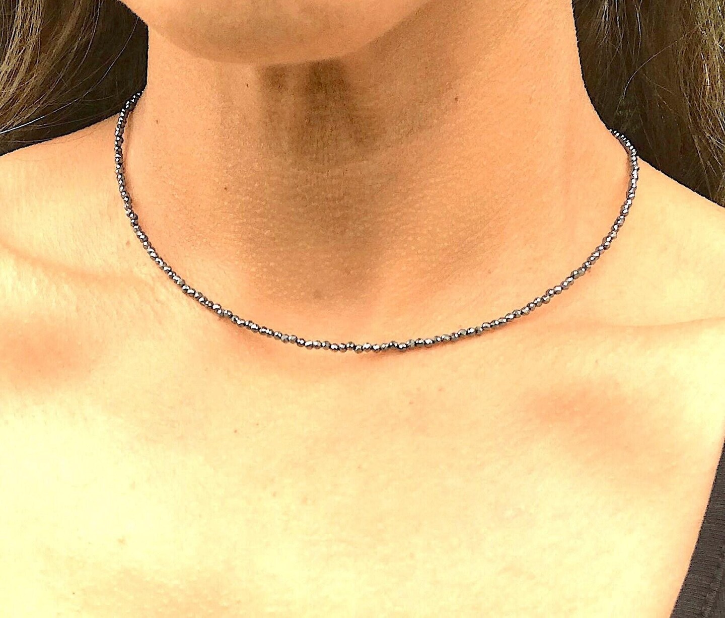 product name is Terahertz Stone Choker, Beaded Necklace, Metallic Silver Color, 2mm Small Jewelry Gifts for Women, Energy EMF