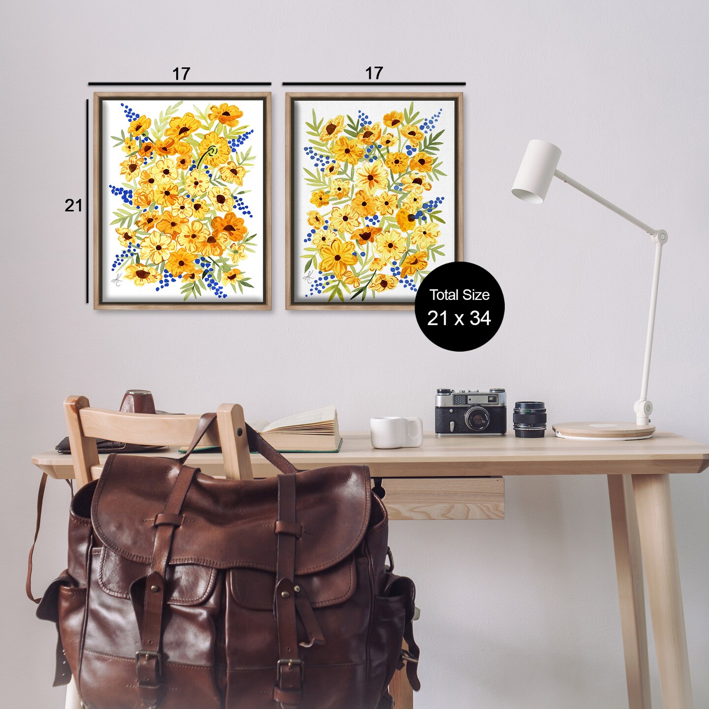 Stupell Industries Golden Cosmos with Blue Berries 2 pc Framed Floater Canvas Wall Art Set Design by Alexandria Gilbert Kincaid