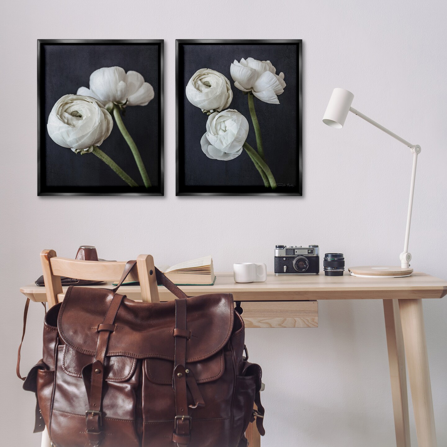 Stupell Industries Simple Black & White Peony 2 pc Framed Floater Canvas Wall Art Set Design by Jennifer Rigsby