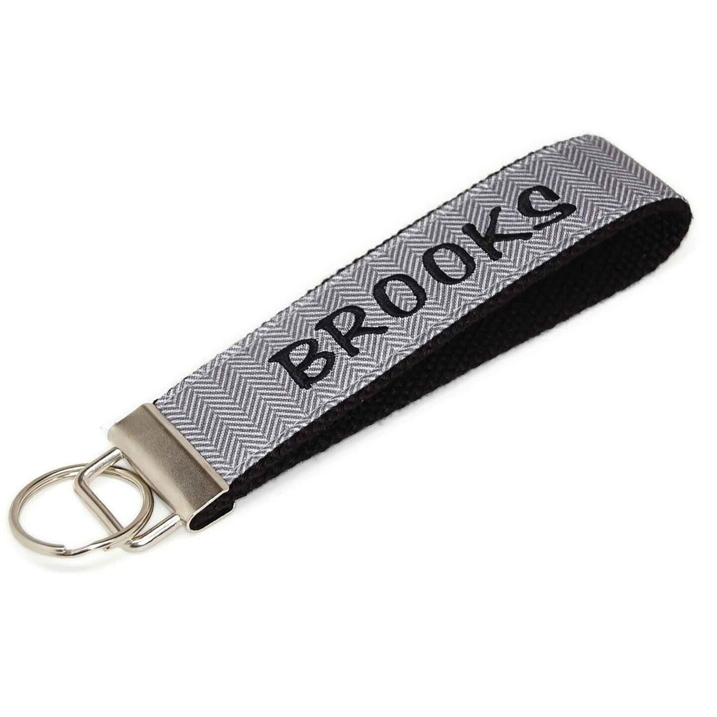 Personalized Keychain Canvas Keychain Wristlet Grey Herringbone
