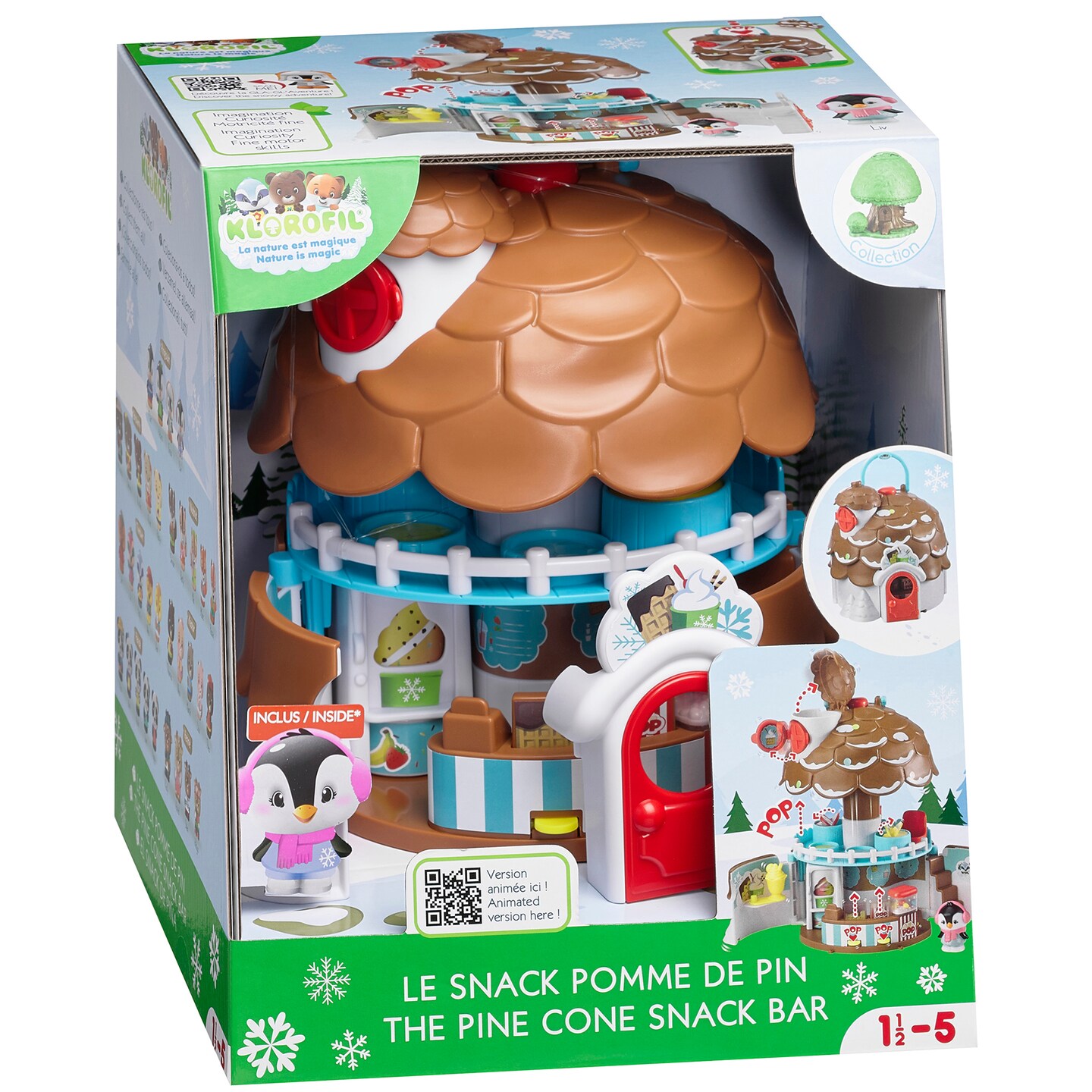 Timber Tots: The Pine Cone Snack Bar - 5pc Dessert Toy Playset, Penguin Animal Figurine, Open & Reveal Treats Shop, Pop-Up Feature, Kids-Toddler 18Mo+