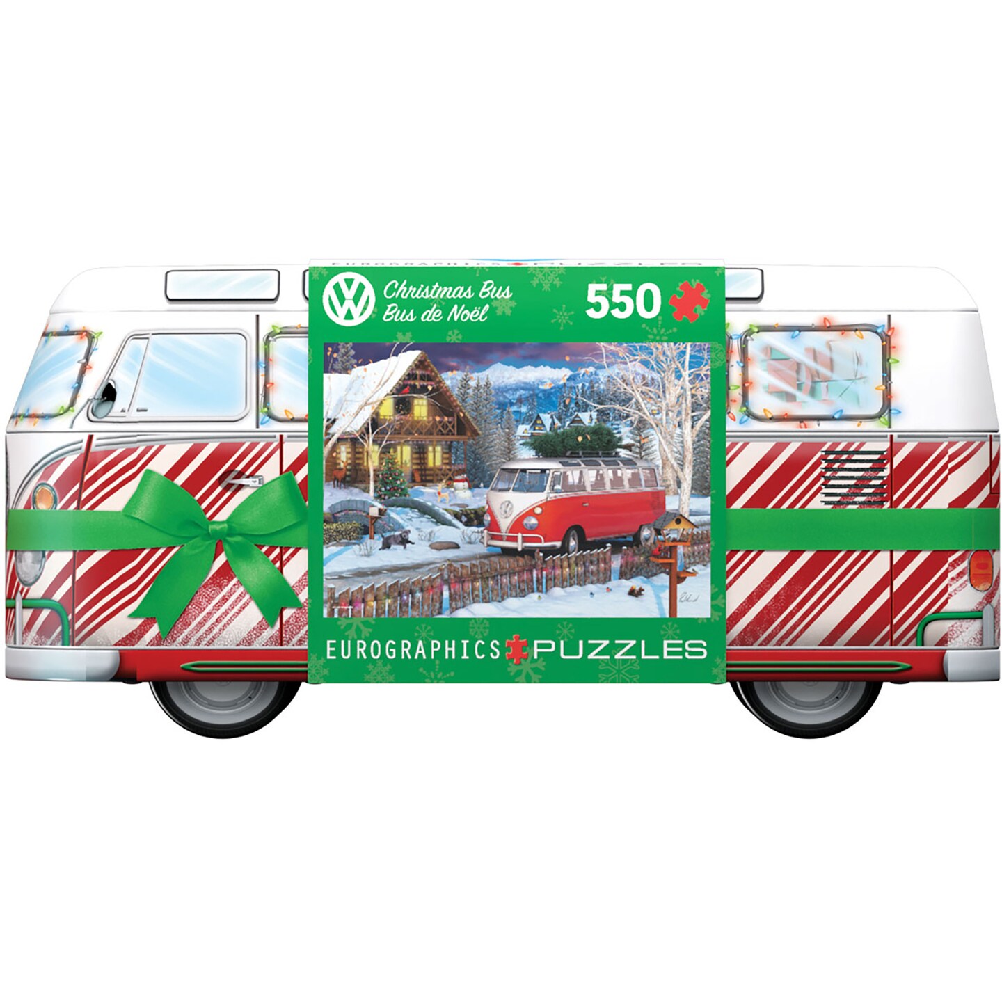 Eurographics: Puzzle Tin: VW Christmas Bus - 550 Piece Jigsaw - Collectible Decorative Van Shaped Tin - 13" x 19" Assembled, Nostalgic Holiday Gift