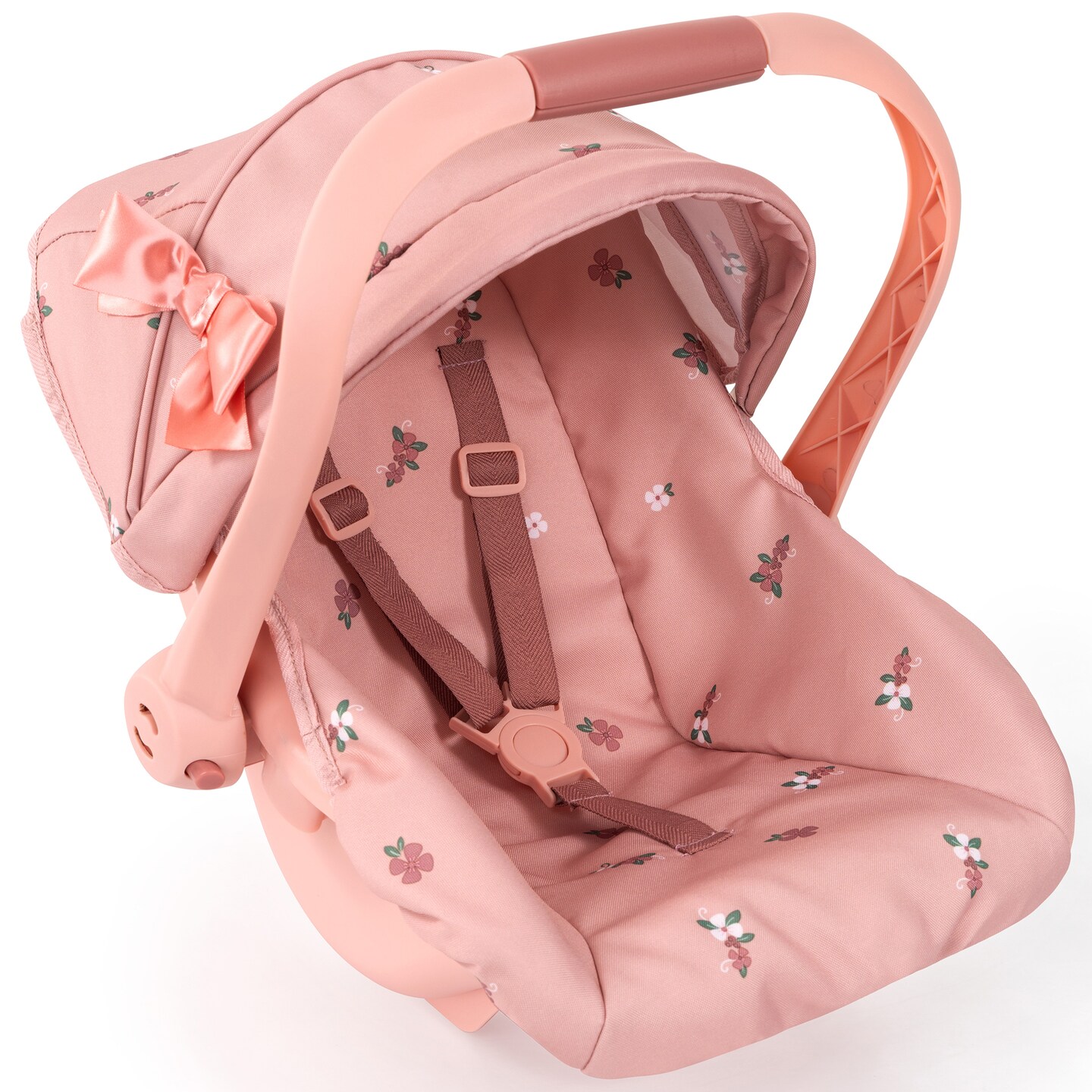 Bayer Design: Doll Deluxe Car Seat - Coral Pink Floral - Portable Travel Carrier For Dolls Up To 18", Sunshade & Carry Handle, Use As Rocker, Kids 3+