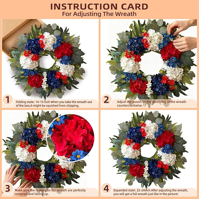 250th Year Patriotic Wreath Decorations, 24 Inch Hydrangea 4th of July Wreaths for Front Door, Red White Blue Spring Door Wreath for Independence Day, Memorial Day for Indoor Outdoor Decor
