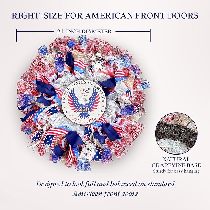 24" Patriotic 250th Anniversary Wreath with Removable 1776-2026 Sign - Large Handcrafted 4th of July Wreath with LED Lights and Storage Bag - Premium Americana Front Door Decor
