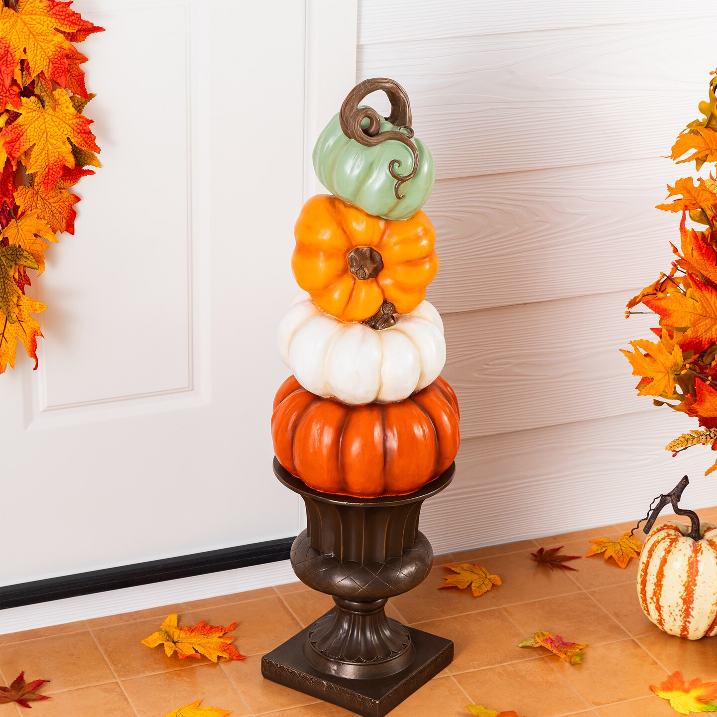 Set of 2 30.7"H Fall MGO Stacked Pumpkin with Brown Urn Porch Decor