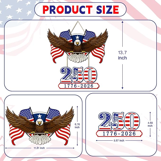 250th Anniversary America Wooden Door Sign - 1776-2026 Commemorative Eagle Hanging Decor - 12" Rustic Red, White, and Blue Patriotic Wall Art for 4th of July and Memorial Day