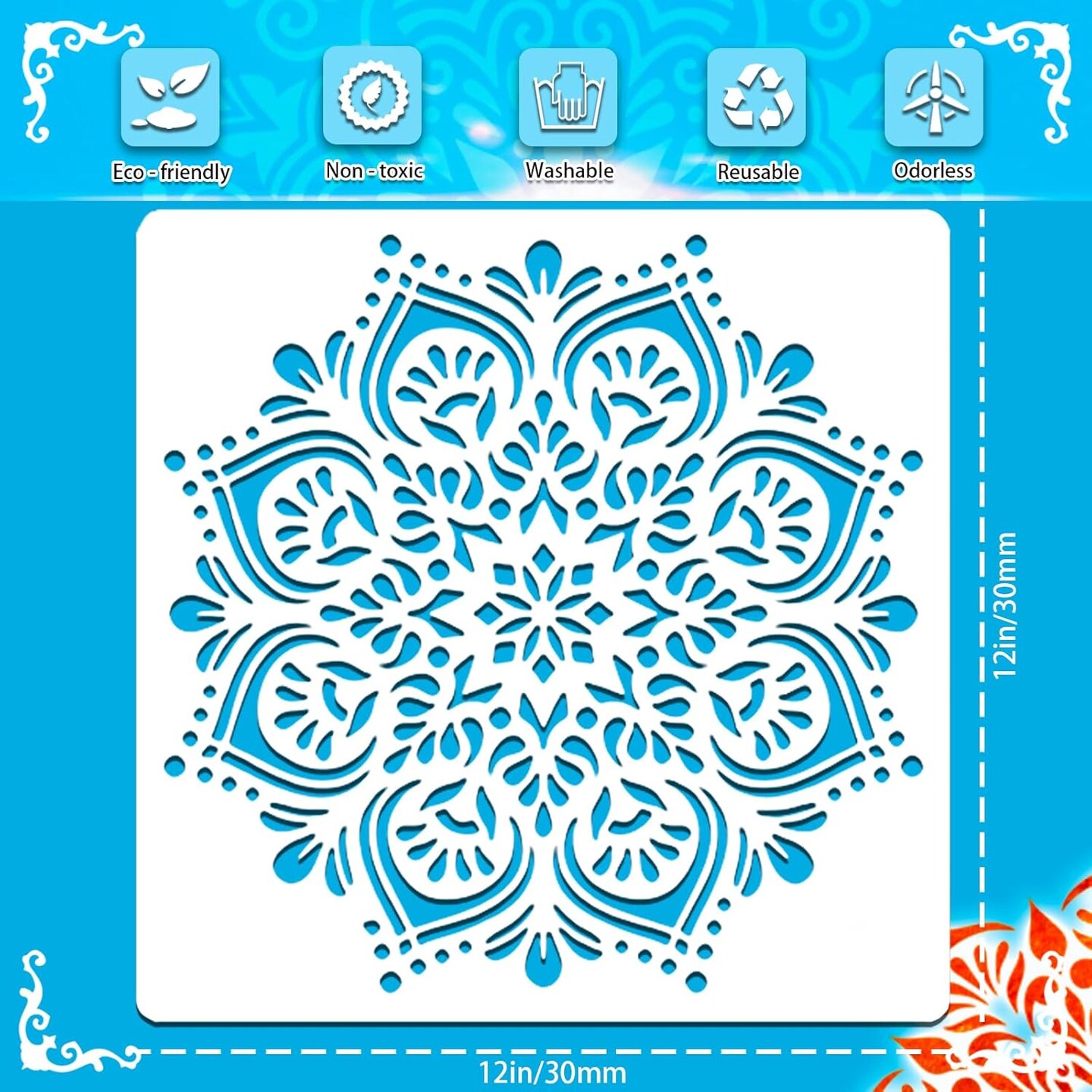 9-Pack Large Mandala Stencils – 12x12 Inch Reusable PET Templates for DIY Wall Art, Floor Painting, Furniture, Tiles & Craft Projects