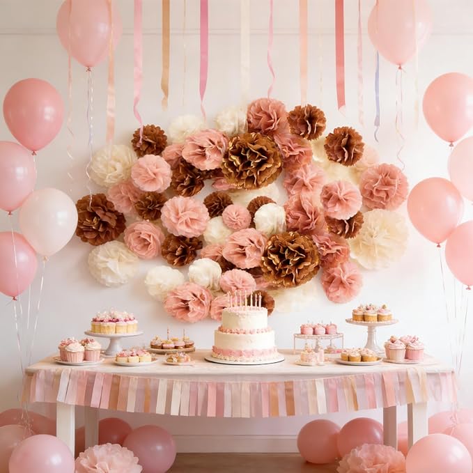 18 Packs Birthday Party Decorations Set- Blush Pink Tissue Paper Pom Poms Flower Wall Decorations for Women Girls Happy Birthday , Baby Shower, Bridal Shower, Wedding , Party Decoration (Blush Pink)