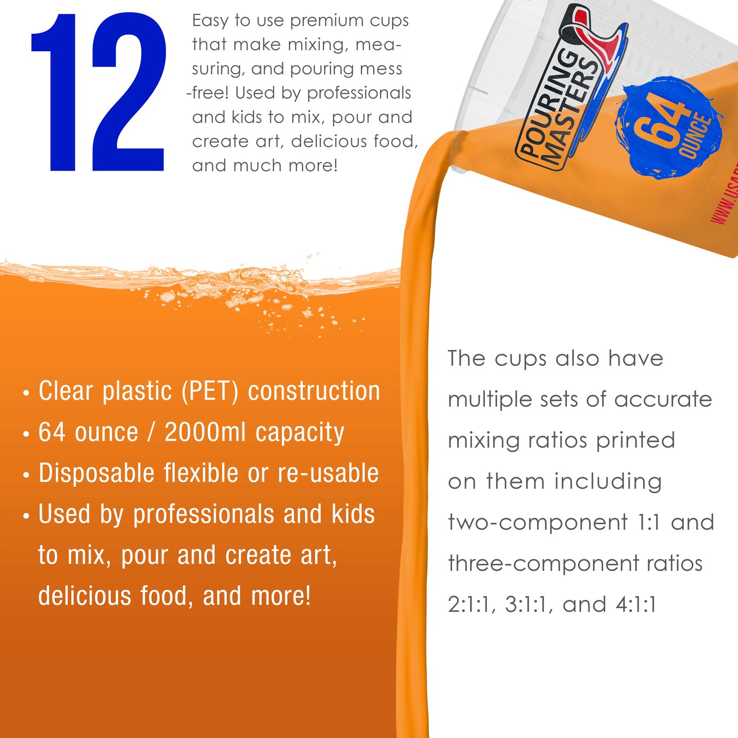 Pouring Masters 64 Ounce (2000ml) Graduated Plastic Mixing Cups (Box of 12) - Paint Mixing Cups for Epoxy Resin, Art, Kitchen, Baking - Measurements in OZ and ML, 4 Different Measuring Ratios 1:1
