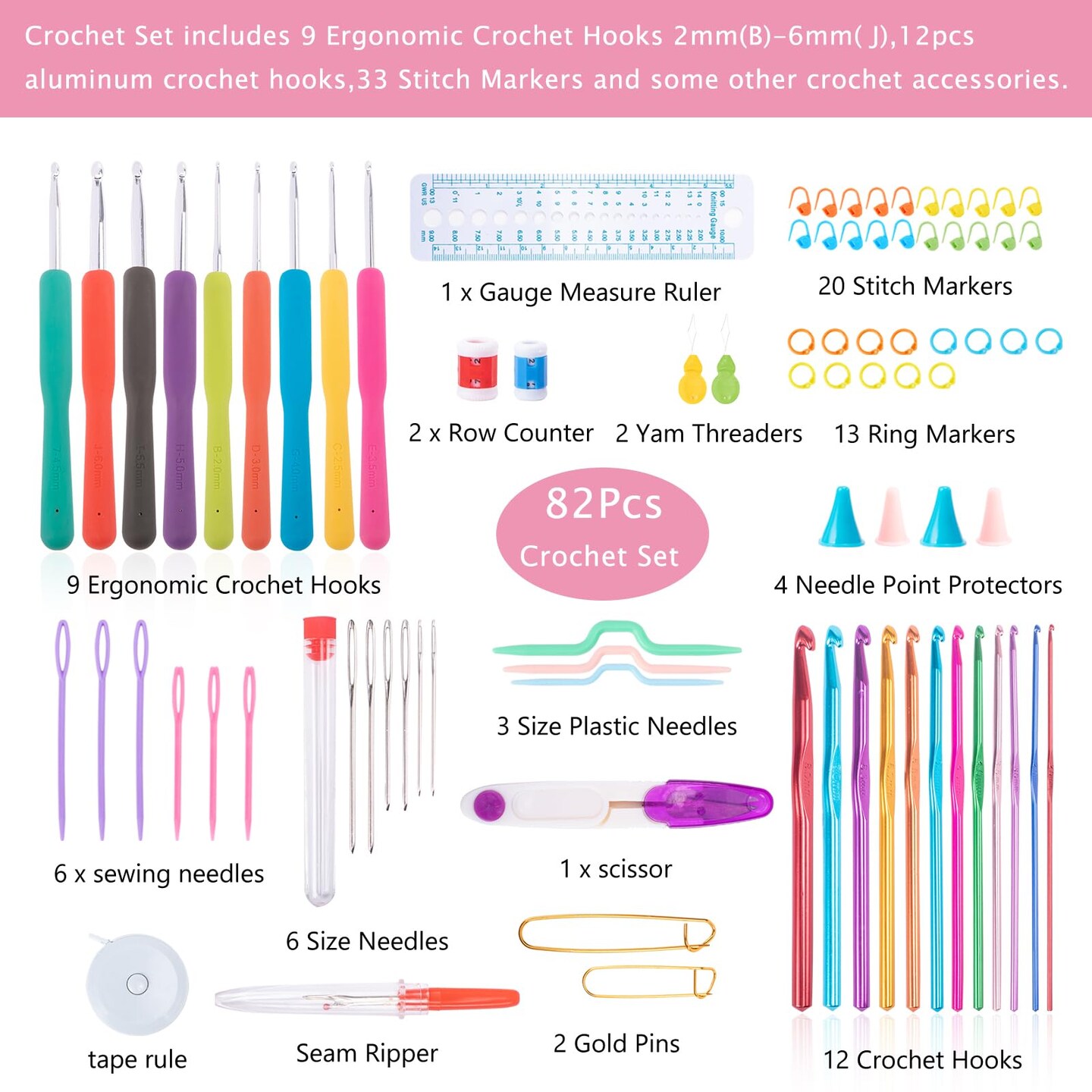 82Pcs Crochet Hook Set with Storage Case - Stand Up Crochet Hook Case with 20 Size Crochet Hooks & needles, Crochet Accessories - Crochet Needles Set for Crochet Lovers, Crochet Kit for Beginners