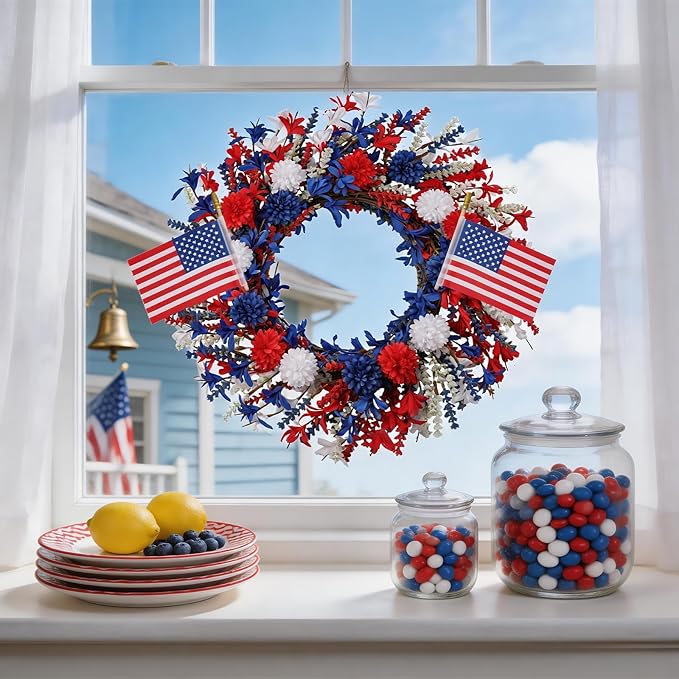 22 Inch Patriotic Wreath for Front Door, Red White Blue Berry Grapevine Wreath with Stars & Bow for July 4th, Memorial Day & Independence Day Decorations