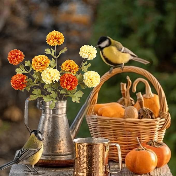 3 Pcs Artificial Marigold Flowers Artificial Chrysanthemums Ball Flower Orange Silk Mums Flowers Spring Branches for Home Decor Floral Arrangement Table Centerpiece