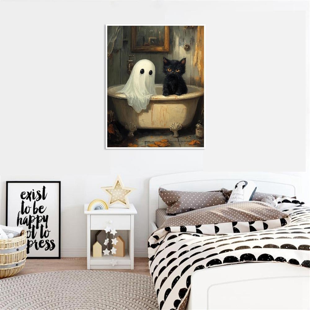 Halloween Paint By Number Kits for Adults – Ghost & Black Cat DIY Acrylic Oil Paint by Numbers on Canvas for Beginners, Spooky Home Decor Art Set, 16x20 Inch (40x50 cm)