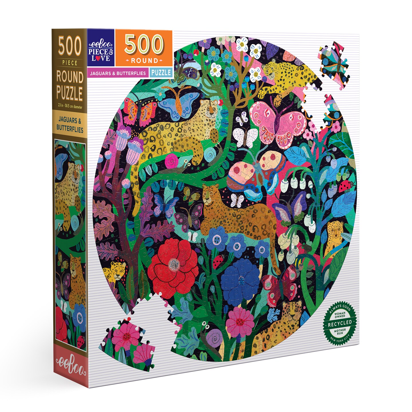 eeBoo Piece & Love: Jaguars & Butterflies - 500 Piece Puzzle - Adult Round Jigsaw, 23" Diameter, Includes Image Reference Insert, High-Quality