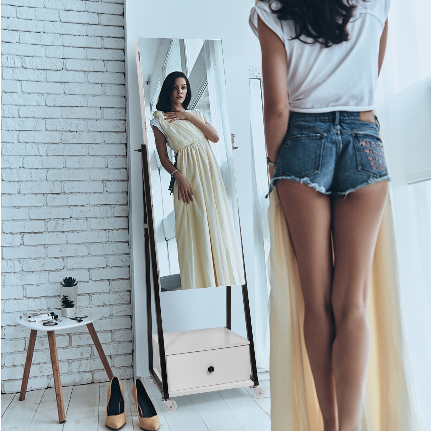 Lockable Full Length Mirror Jewelry Cabinet, Rolling Standing Makeup Jewelry Storage Organizer with Full Body Mirror & Drawer