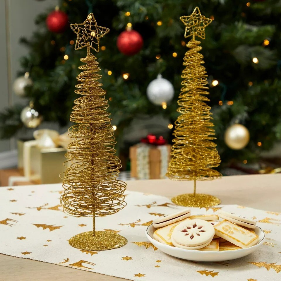 2 Pack Small Gold Christmas Trees for Tabletop Fall Party Bedroom Decor 10.5x3”
