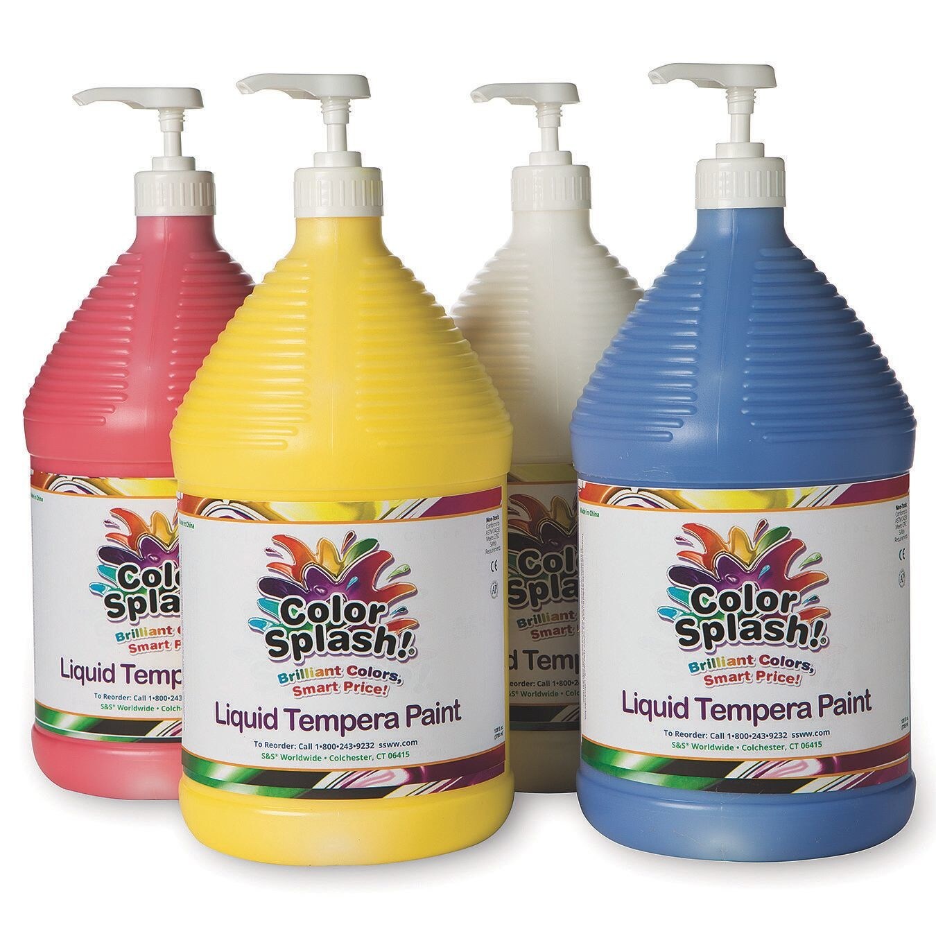 S&S Worldwide Color Splash! Liquid Tempera Bulk Paint, Primary Colors & White, 4 FREE Paint Pumps, 128oz (Gallon) Bottles, Arts & Crafts, School, Camp, For Kids & Adults, Non-Toxic, Set of 4.