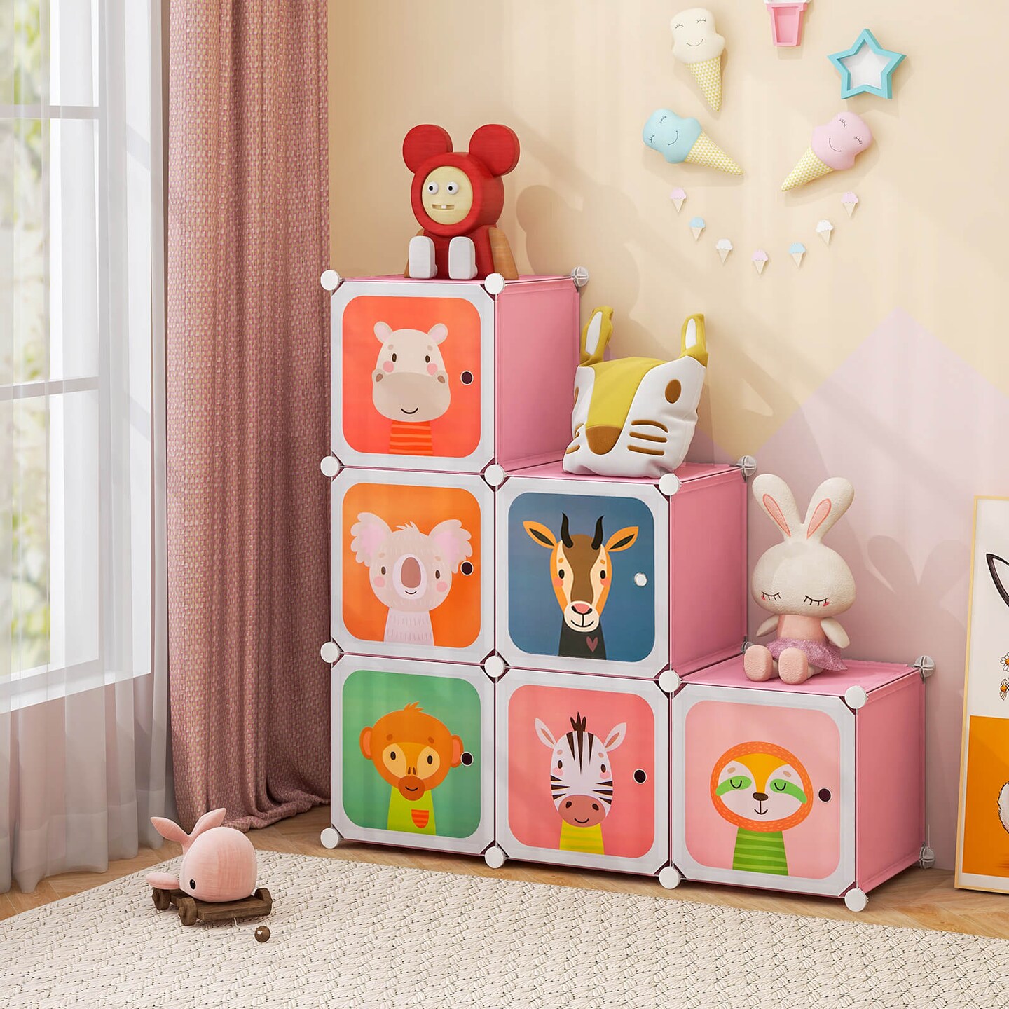 Costway 8-Cube Kids Wardrobe Baby Dresser Bedroom Armoire Clothes Hanging Closet with Doors Blue/Pink/White