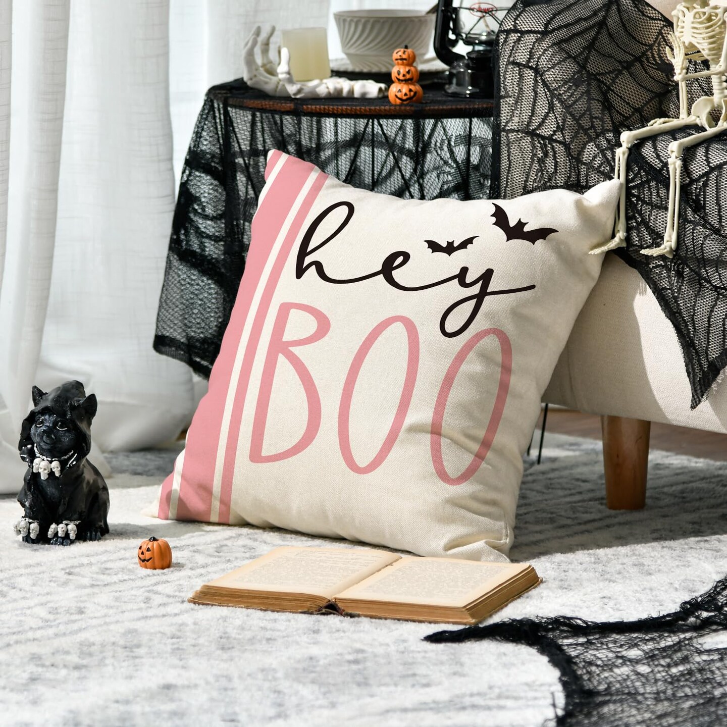 4 Pieces Colorlife Halloween Hey Boo Cute Ghost Spooky Pink Throw Pillow Covers, 18 x 18 Inch Horror Scary Cushion Case for Sofa Couch