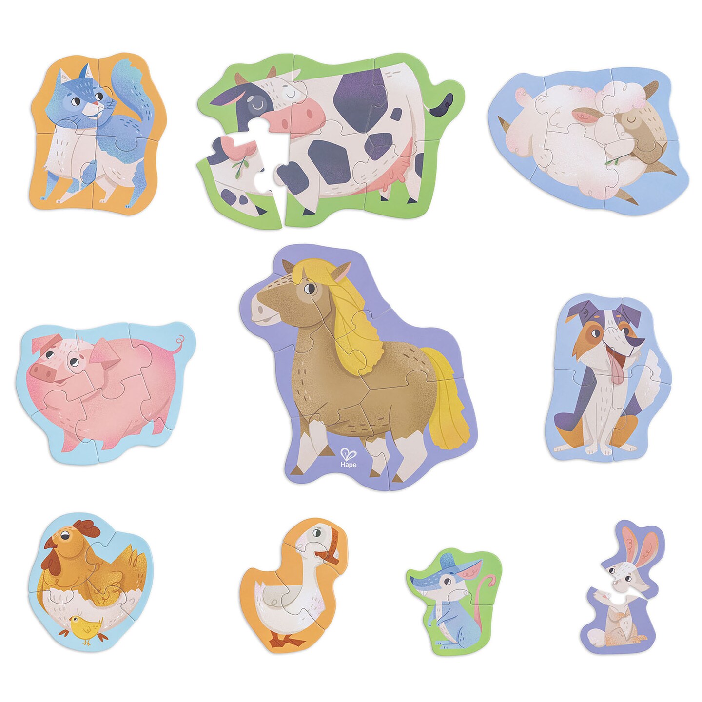 Hape: Farmyard Friends Puzzle - 10 Mini Animal Shaped Puzzles, 2-6 Oversized Pieces Each, Colorful Design, Preschool Toy, Toddlers &#x26; Kids Ages 18mo+