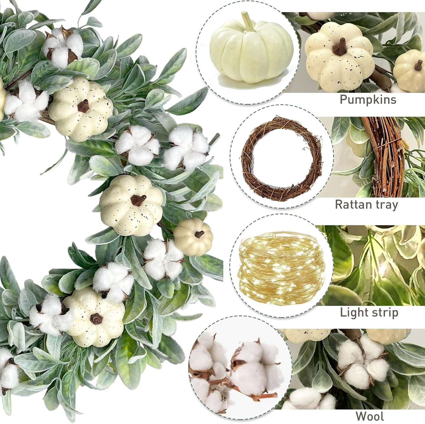 Outdoor Large Fall Door Eucalyptus Wreath with White Pumpkin,Thanksgiving Harvest Decorations,Home Porch Wall Decor