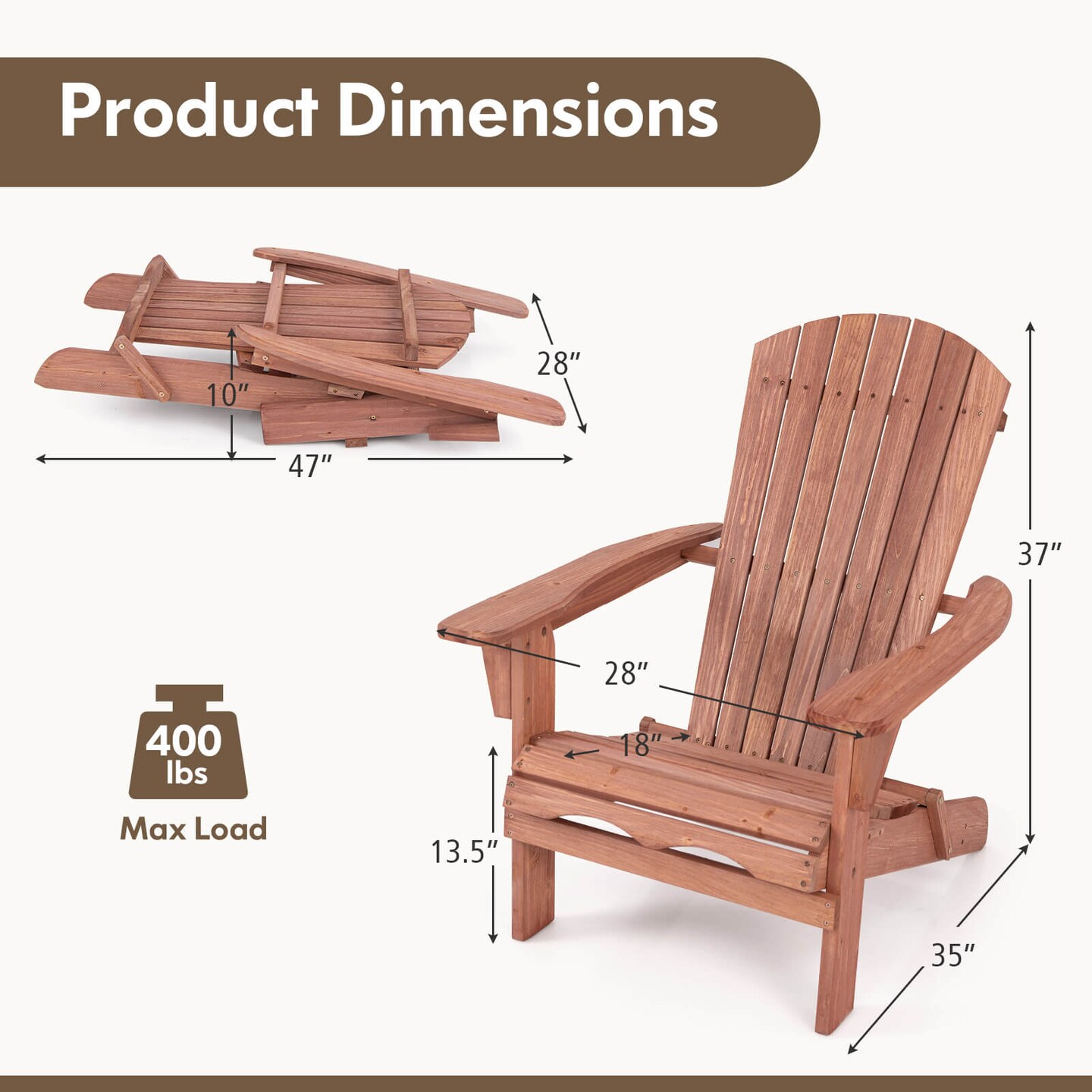 Costway Folding Adirondack Chair Set of 1/4 with High Backrest &#x26; Wide Armrests Wooden Brown