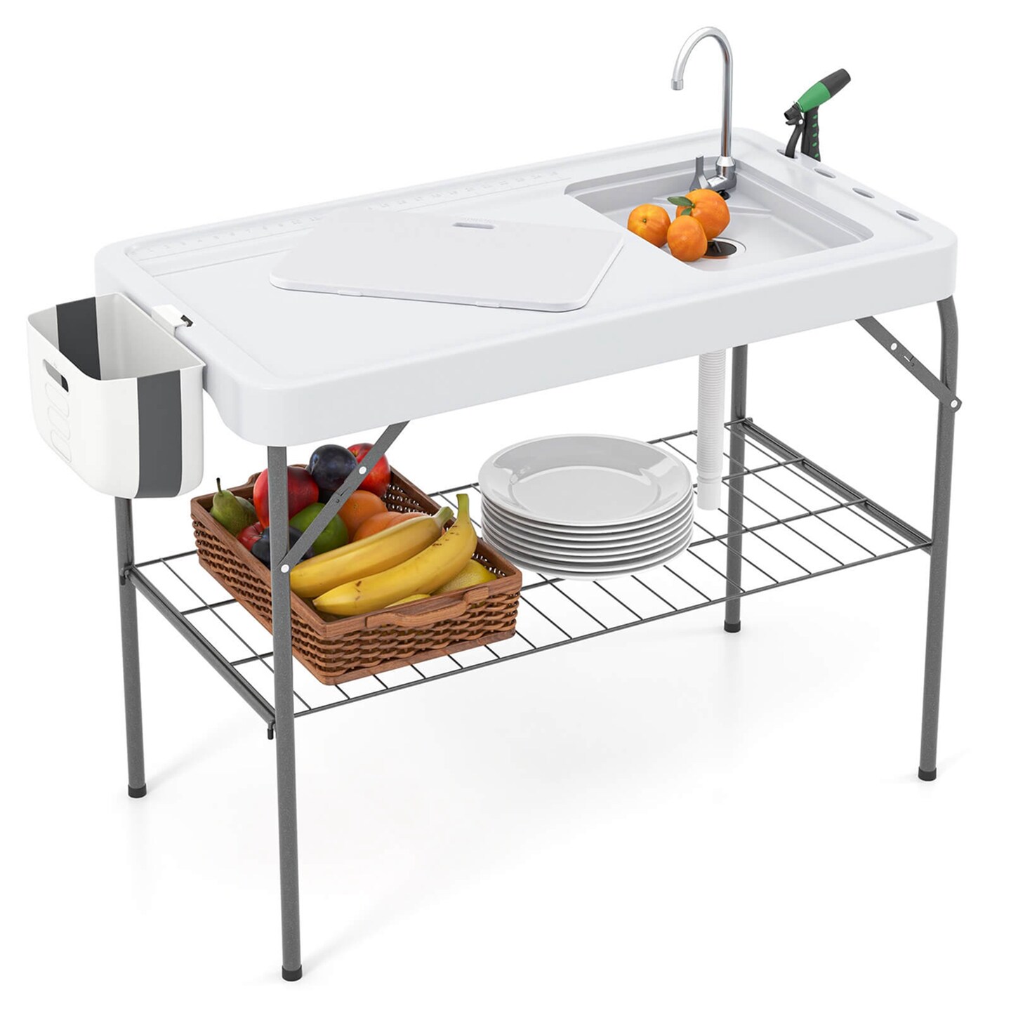 Costway Folding Fish Cleaning Table Portable Camping Table with  Faucet Hose Grid Rack