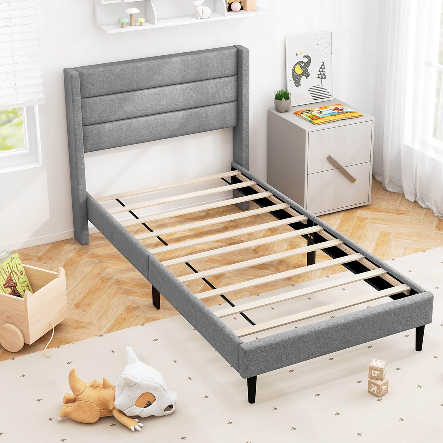 Costway Queen/Twin Bed Frame with Wingback Headboard Linen Upholstered Platform Bed Grey