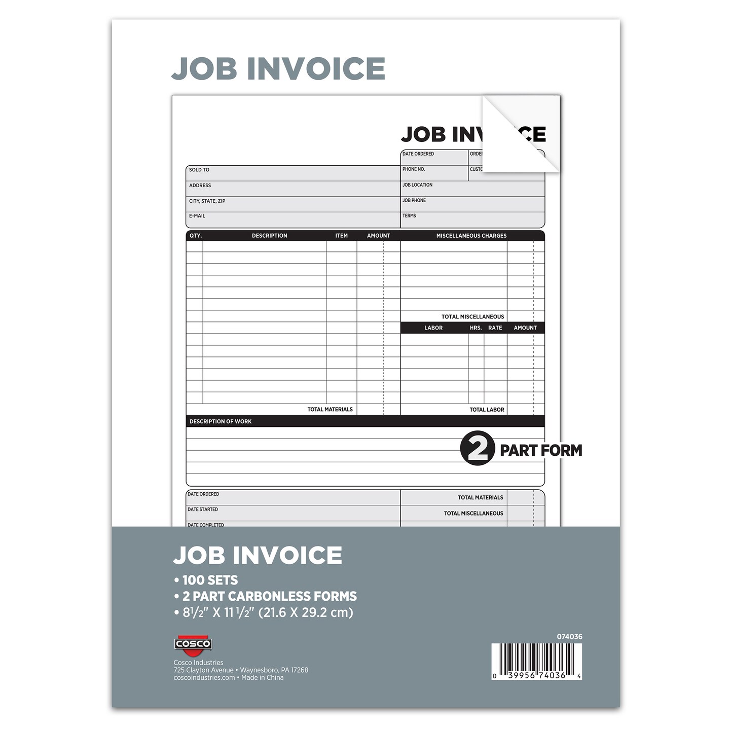 COSCO Job Invoice Forms, 2-Part Carbonless, For Service and Repair Billing, 100 Individual Sets Per Pack, White, 8.5 x 11 Inches