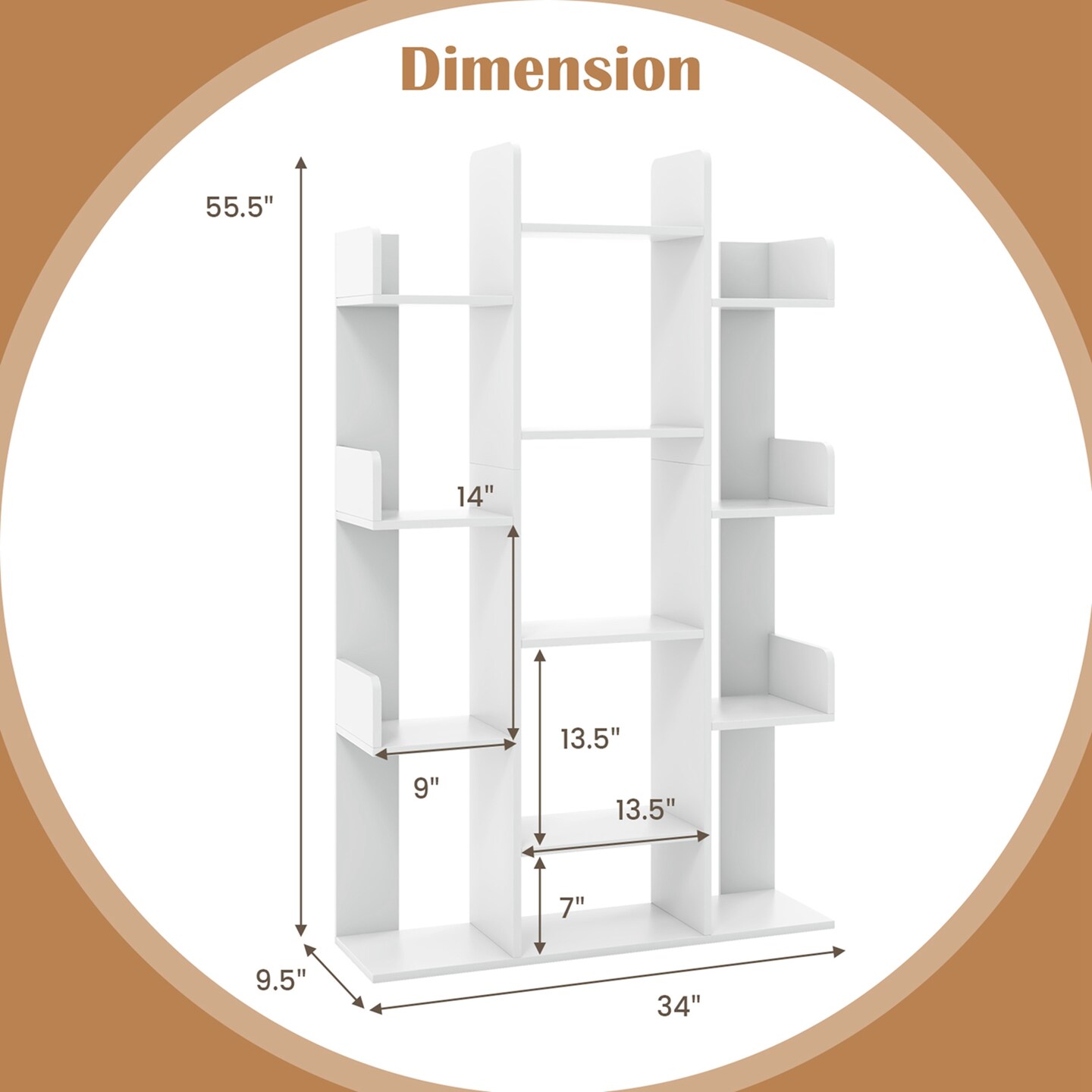 Costway 1/2 PCS Bookshelf Tree-Shaped Bookcase with 13 Storage Shelf Rustic Industrial Style White/Coffee