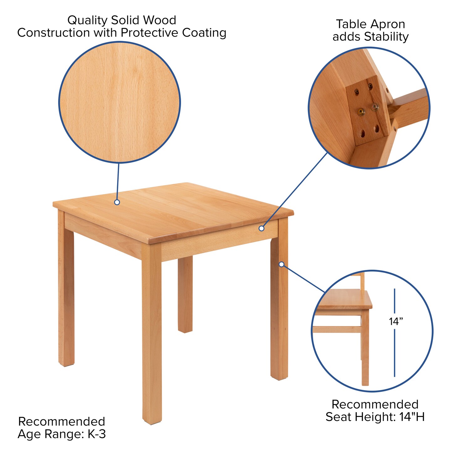 Emma and Oliver Kids Natural Solid Wood Table and Chair Set for Classroom, Playroom, Kitchen