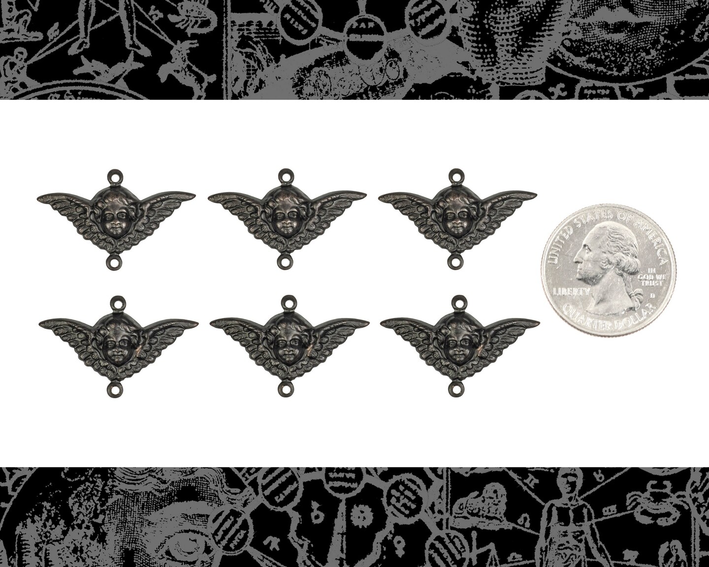 Black Plated Brass Cherub Two Ring Connectors - Set of Six - XXX - BB-2C21