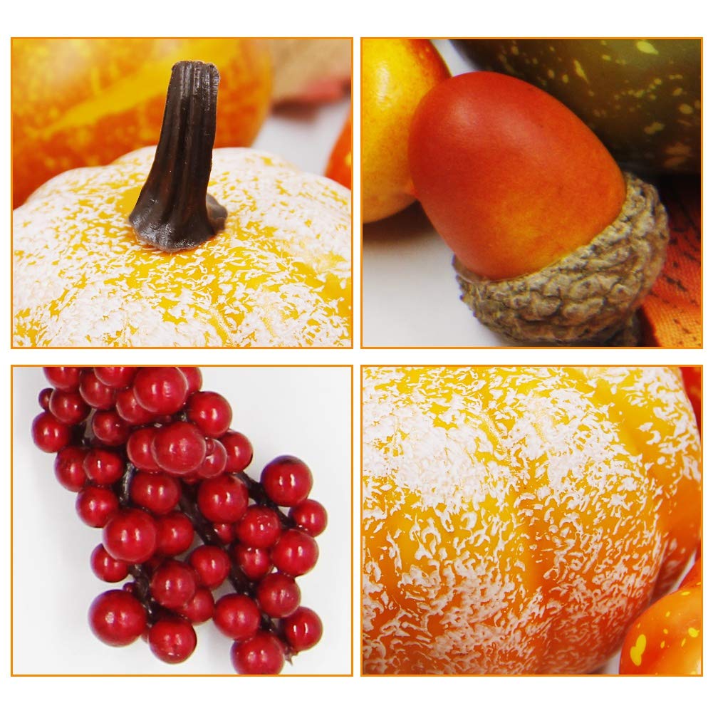 Thanksgiving Harvest Mini Artificial Pumpkins, 30 Maple Leaves 10 Acorns 2 Pinecones 8 Pumpkins 2 Red Berry 5 Pomegranate Pumpkin Decoration for Fall Autumn Harvest Day, Set of 57