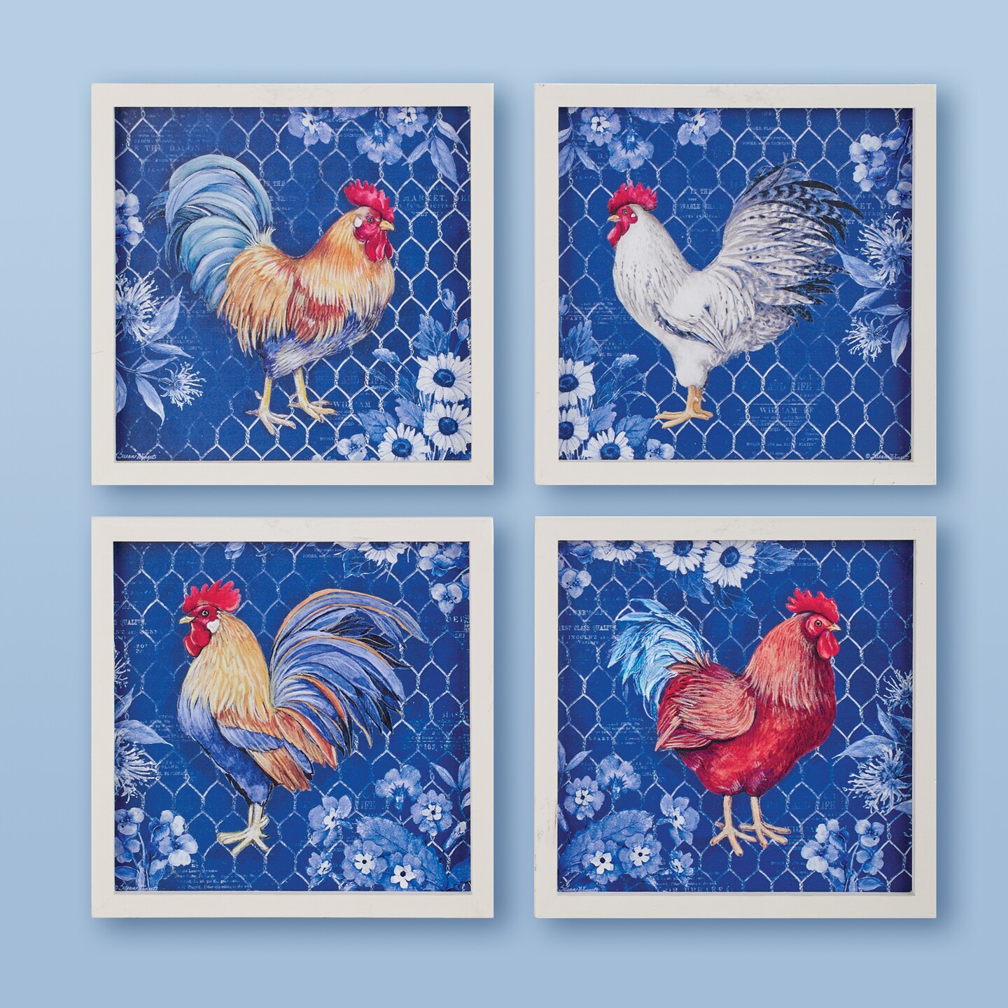 Collections Etc Blue Country Rooster Wooden Framed 4-Piece Wall Art Set