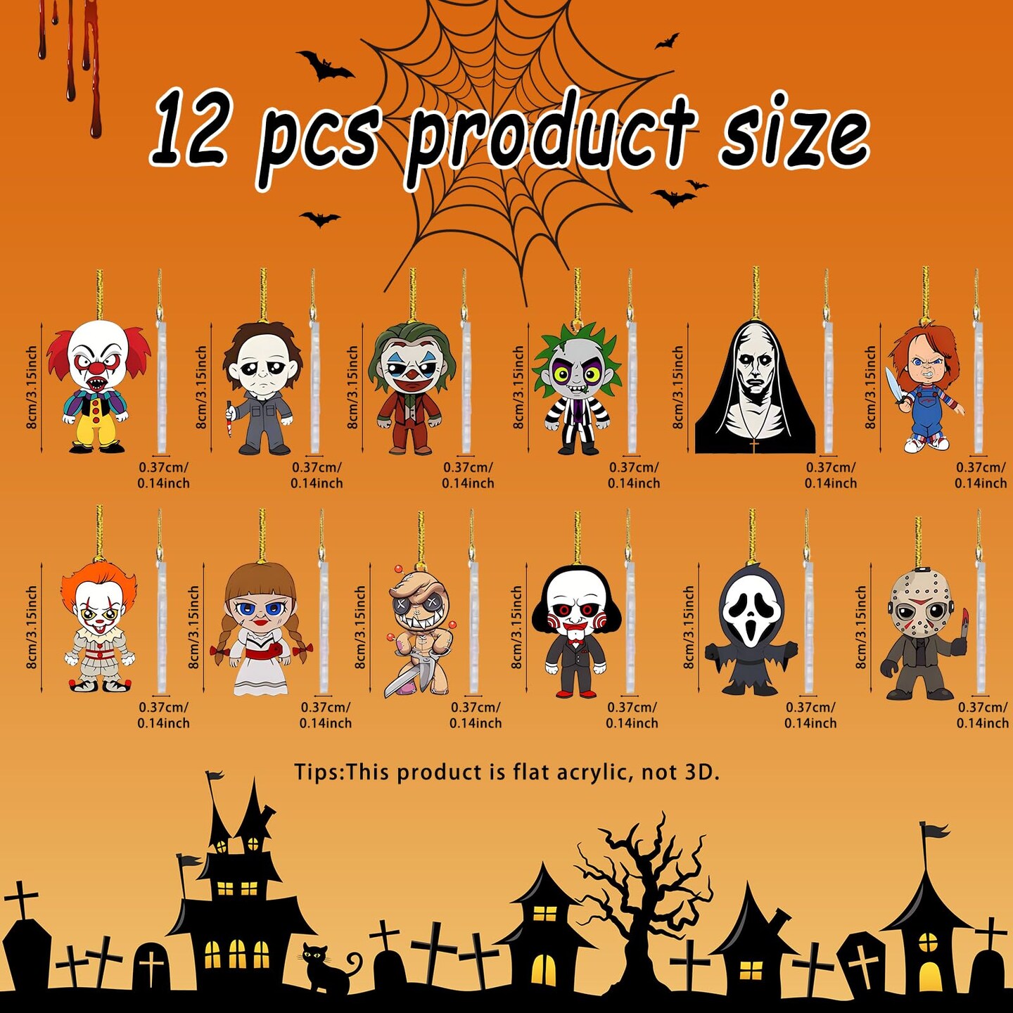 Q-Version Halloween Tree Decoration - 12 Pcs Acrylic Pendant, Large Scary Movie Characters, Funny Cartoon Ornament